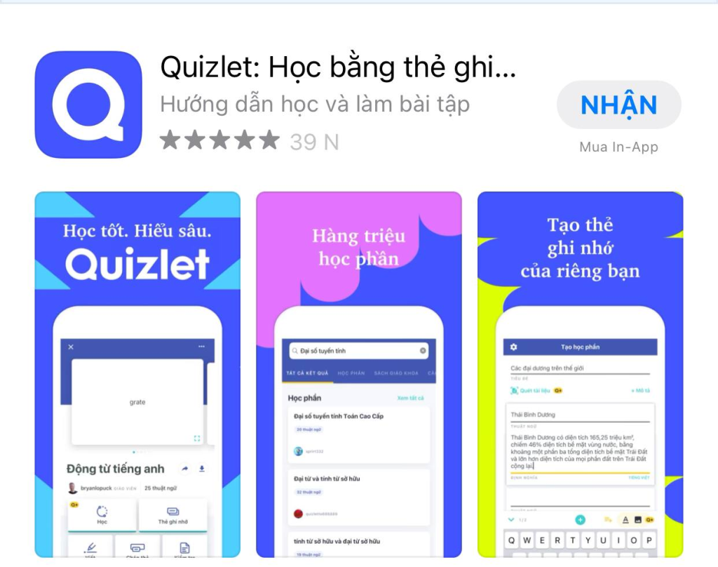 ứng dụng nhắc học từ vựng tiếng anh cho bé Quizlet