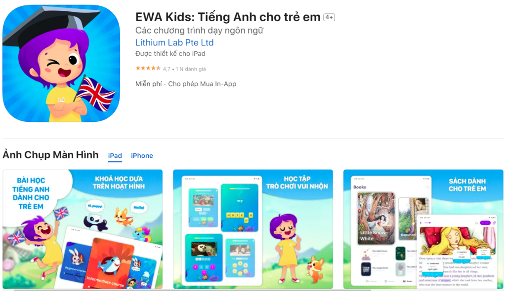 Ứng dụng EWA Kids: Tiếng Anh cho trẻ em