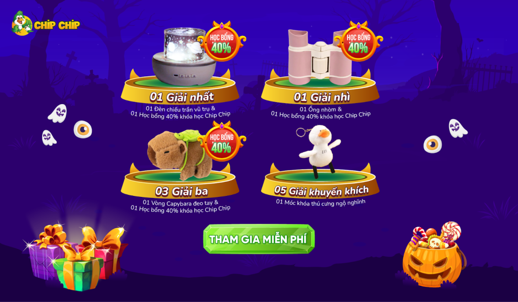 Giải thưởng hấp dẫn dành cho các bé khi tham gia minigame Siêu Thợ Săn Halloween